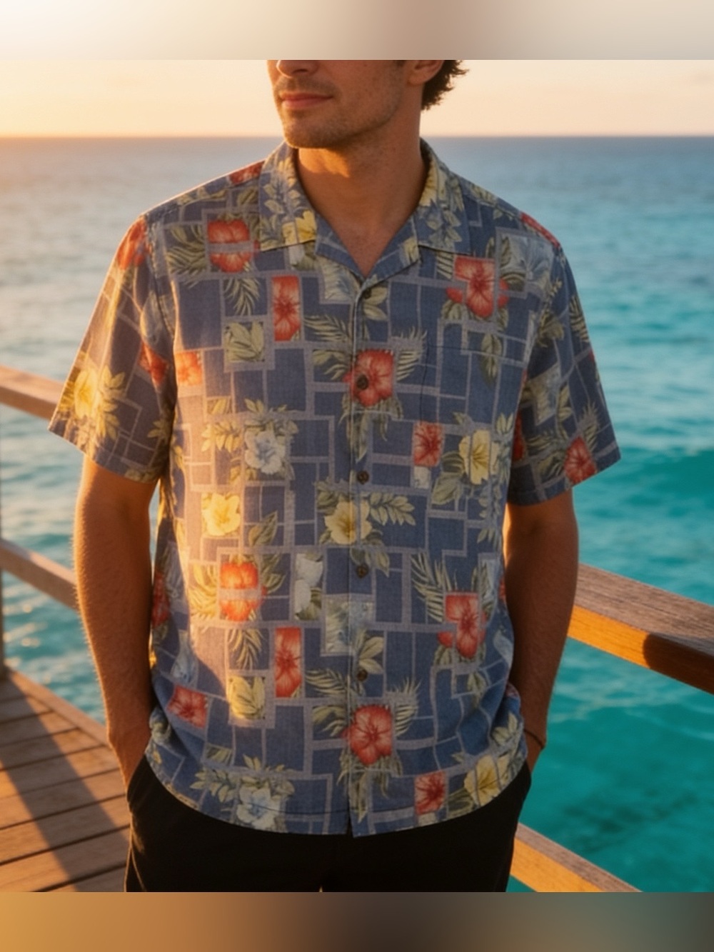 Tommy Bahama Shirt Mens Large Blue Silk Button Up Hawaiian Hibiscus Tiki Cruise